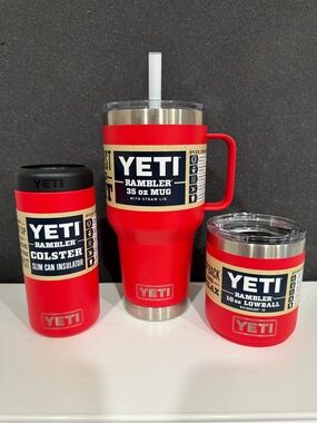 Yeti Red Rambler Set - Travel Mug, Lowball, and Colster